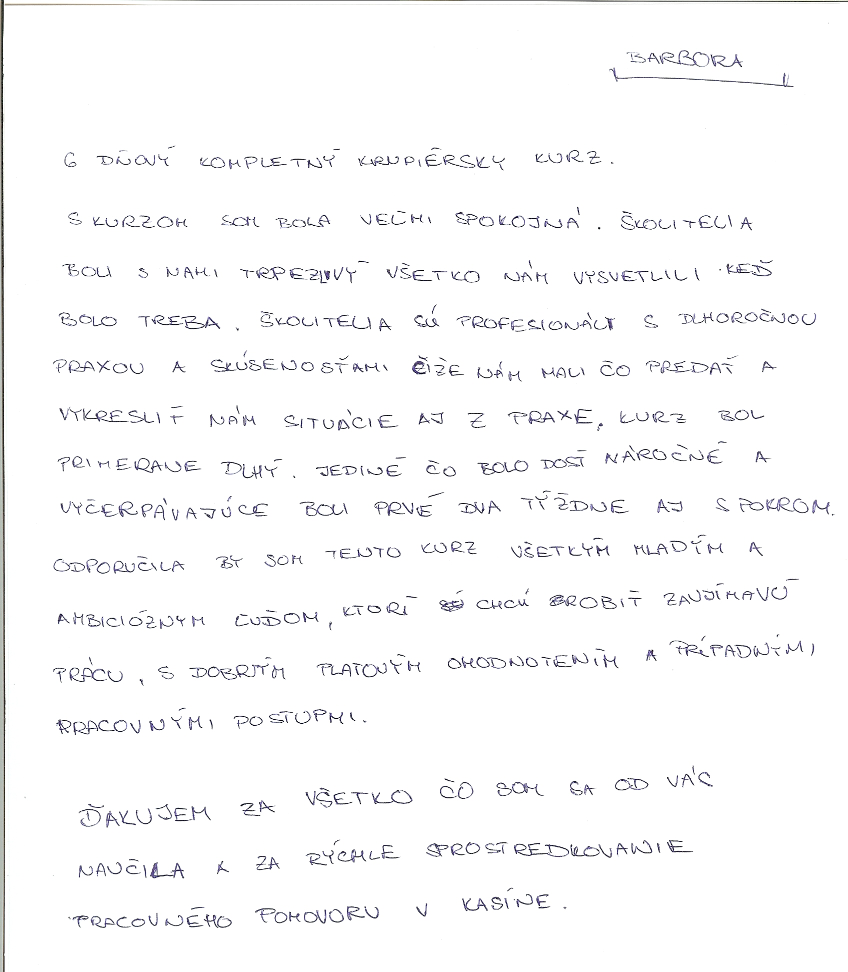 Krupiérský kurz reference Barbora